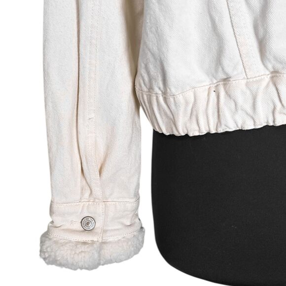 We The Free People Women’s Ivory Denim Faux Fur Suede Cropped Teddy Jacket L - Picture 11 of 11